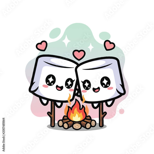 Photos Two adorable marshmallow characters roasting over a campfire expressing love and togetherness