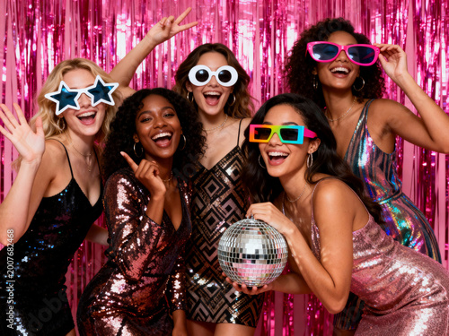 Five Diverse Happy Women Disco Party Celebration