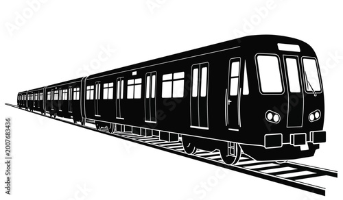 black silhouette of a long passenger train traveling on railway tracks against a white background high quality professional detailed modern elegant stylish clean crisp