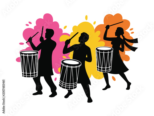 Obraz na płótnie People Playing Dhol and Dancing Holi Silhouette Vector