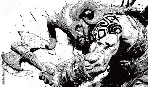 Barbarian Berserker: Ram-Horned Warrior with Double-Bladed Axe Illustration