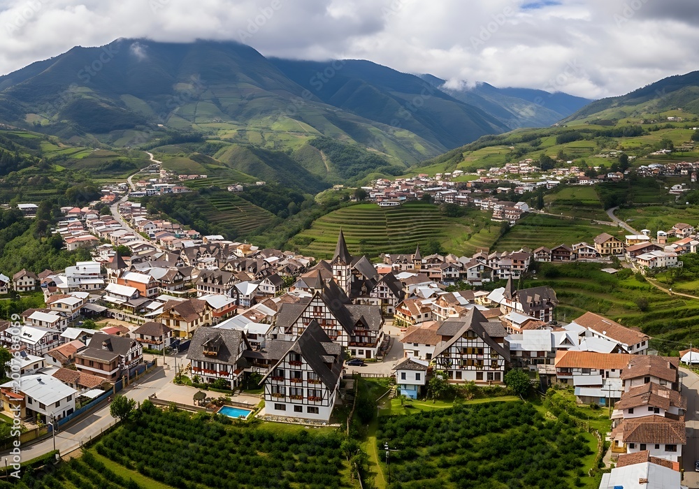 Fototapeta premium Aerial view of a beautiful mountain town with lush greenery.