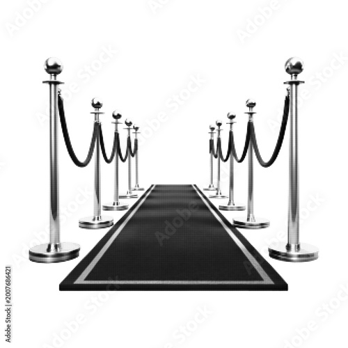 Foto Red carpet pathway with stanchions in halftone style, isolated on white background, minimal monochrome illustration of VIP event entrance and luxury concept
