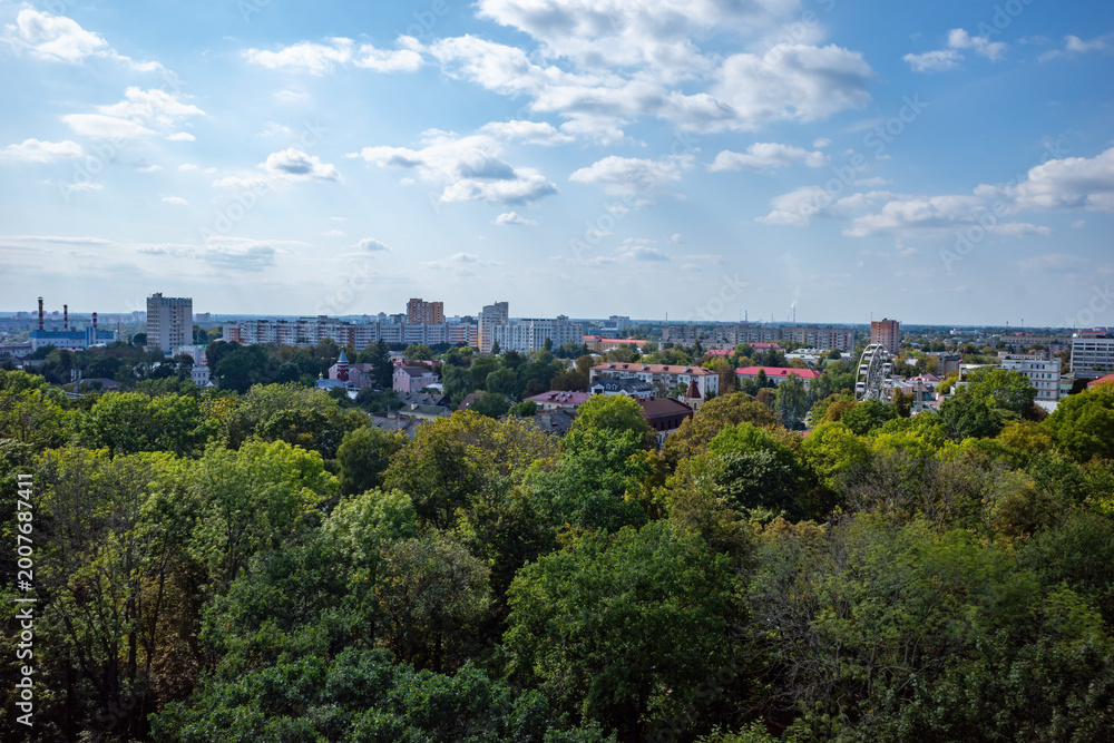 Fototapeta premium Aerial panoramic view of city skyline with green park