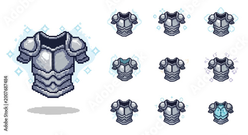 Foto A collection of pixel art steel chestplates featuring various magical auras and effects, perfect for RPG game item icons