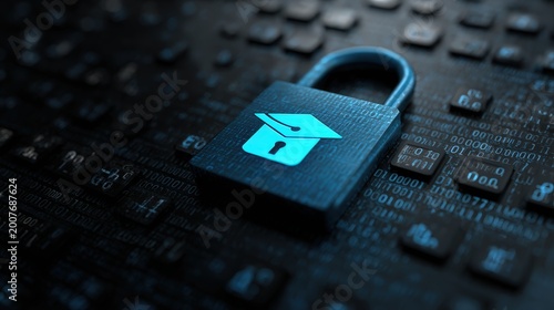 Glowing digital graduation cap symbol sits on top of a secure padlock against a background of binary code.