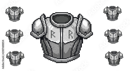 Foto This pixel art illustration features a grey metal breastplate armor set with two 'R' letters, presented in various scales on a white background