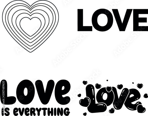 Love typography and heart shapes vector illustration with flat design