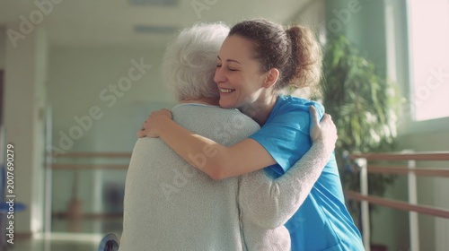 Nurse and elderly woman share a warm hug in a care facility during the day