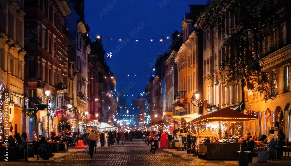 Obraz premium Vibrant European Street Scene at Dusk with Illuminated Buildings and Pedestrians.