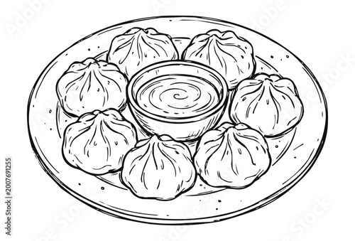 Traditional Dumplings with Dipping Sauce Illustration, Food Art