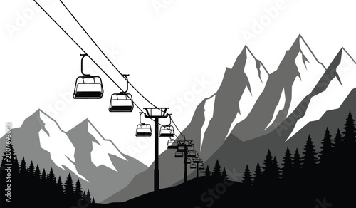 Slika na platnu ski lift chairs ascending towards mountain peaks stylized vector illustration wi