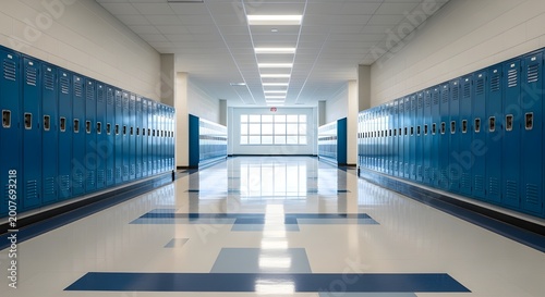 Rows of blue metal lockers line the long walls of a wide school corridor showing a bright window at the far end of the hallway under the ceiling lights.
