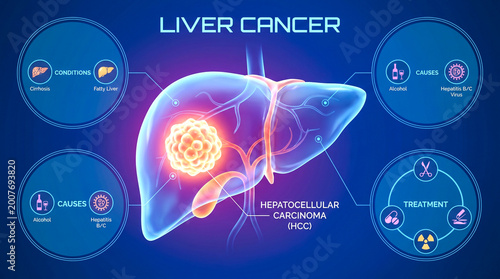 Medical infographic showing liver cancer causes and treatment
