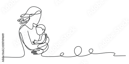 Continuous single line drawing of a mother holding her baby