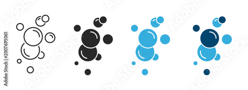 Vector icon set showcasing various bubble designs, including outline, solid black, and blue versions. Ideal for concepts related to cleaning, water, chemistry, and liquid products.