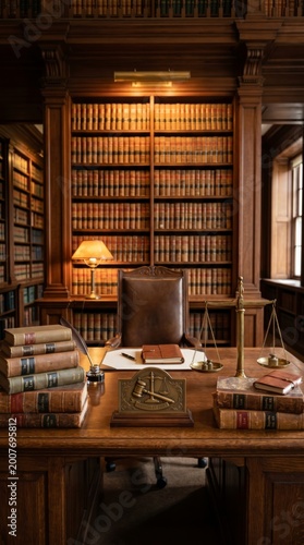 Elegant judicial workspace classic library desk setup wood environment professional viewpoint classic judiciary workspa concept