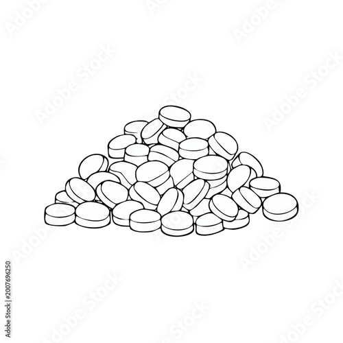 Pile of Round White Tablets Hand Drawn Illustration Medical Healthcare Concept