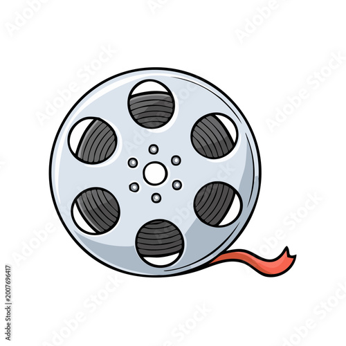 Classic movie film reel with ribbon detail cartoon illustration isolated on white