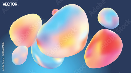 Colorful Abstract Fluid Blobs with Gradient Bubbles Featured on a Blue Background