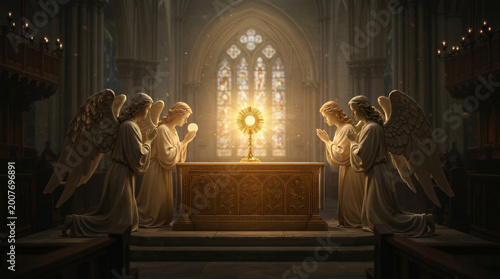 Heavenly scene of angels adoring the Eucharist on a glowing altar, in a soft and ethereal digital art style