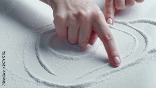 Hand drawing circles in white sand — meditative silence, symbol of harmony and inner balance in Japanese Zen tradition