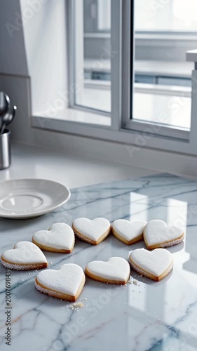 Heart-shaped cookies with white icing on marble countertop by window — tenderness, homey warmth, and romantic holiday ambiance