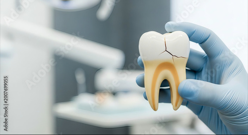 Dentist holding damaged tooth model showing crack and internal structure