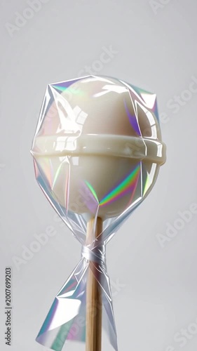 lollipop with iridescent wrap, white candy sphere, shiny cellophane packaging, nostalgic sweet treat, playful confectionery design, rainbow reflection candy, studio macro food shot, delicate ribbon ti