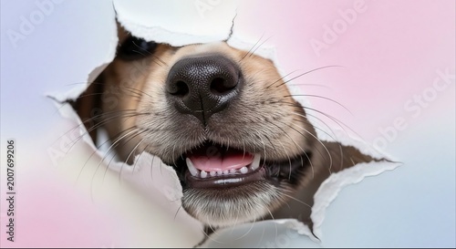 Cute dog muzzle peeking through torn paper hole with pastel background