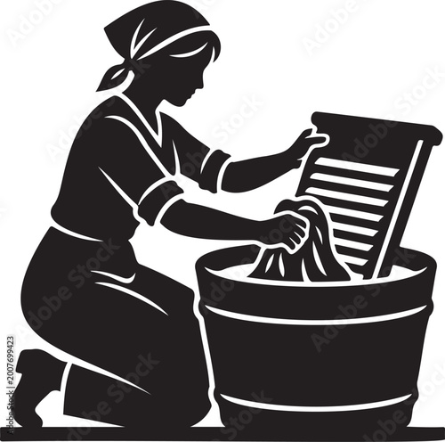 Foto Woman washing clothes in tub with washboard silhouette, traditional laundry work