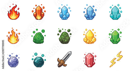 Konstfotografi A collection of fifteen vibrant pixel art icons representing elemental resources, magical crystals, and adventuring equipment for video games