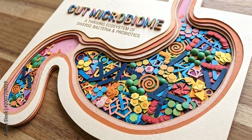 A vibrant paper-cut diorama of the human stomach reveals a bustling inner metropolis of colorful geometric microbes, symbolizing the complex and essential ecosystem of gut health.