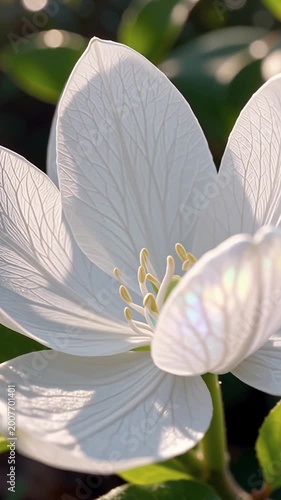White flower with delicate petals and green leaves in sunlight — purity, spring freshness, and natural poetry