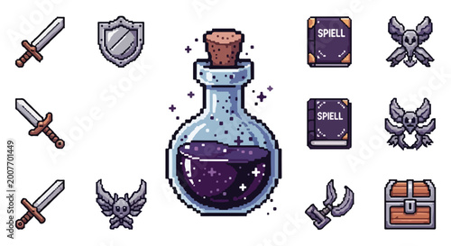 Foto This pixel art vector features a variety of fantasy game items including a central purple potion, swords, spell books, and gargoyle-like creatures