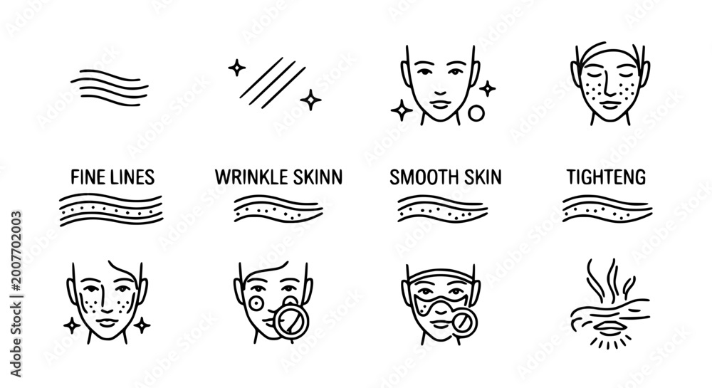 Εκτύπωση καμβά Skincare and anti aging treatment icon set featuring fine lines wrinkles smooth skin tightening and facial rejuvenation for cosmetic dermatology and beauty wellness infographics