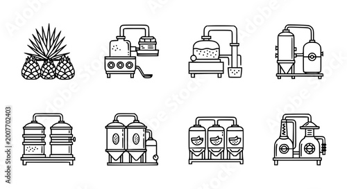Photos Industrial tequila and alcohol distillation process icon set featuring agave plants distillery equipment fermentation tanks and copper pot still for traditional spirit production infographics