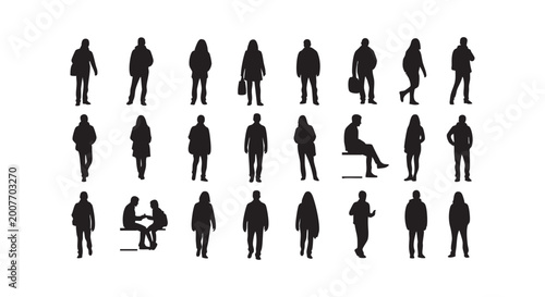 People silhouettes vector isolated on white background, black figures of men and women walking standing sitting.