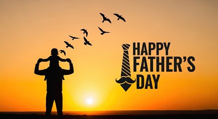 Happy father's day silhouette of father and birds at sunset a celebration