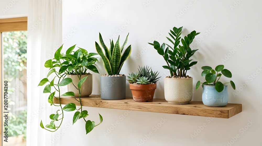 Fototapeta premium Several potted plants sit on a shelf indoors near a window.