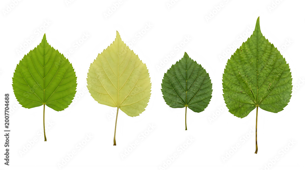 Fototapeta premium Set of variegated heart shaped green and yellow leaves frontal isolated png on a transparent background perfectly cutout high resolution