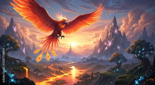 Majestic Phoenix Soaring Above a Fantasy Landscape at Sunset.