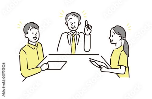 活発な会議をするビジネスパーソン、笑顔で話し合う社員たちのイラスト