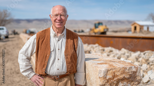 A smiling, elderly man in a brown vest and glasses stands at a construction site with heavy machinery and hills in the background.