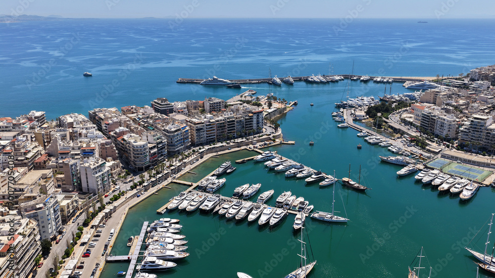 Naklejka premium Aerial drone photo of famous round Marina and port of Zea in the heart of Piraeus, Attica, Greece