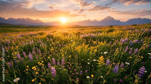 Sunset over a serene field of wild roses and wildflowers in a mountainous landscape