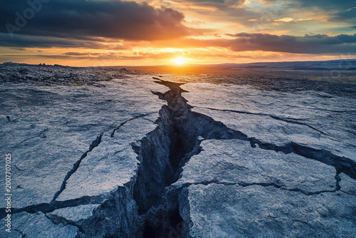 Cracked geological fault pattern in dry surface landscape with dramatic textures and lighting, generative ai