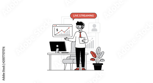 Businessman wearing VR headset live streaming financial presentation