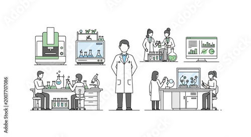 Illustration of scientists and researchers working in a laboratory setting with various equipment and screens.