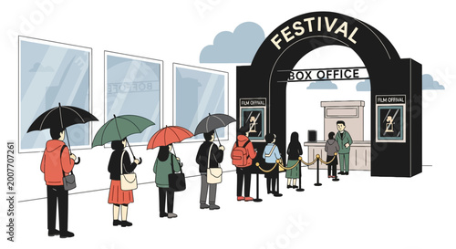 People in line with umbrellas at a film festival box office vector